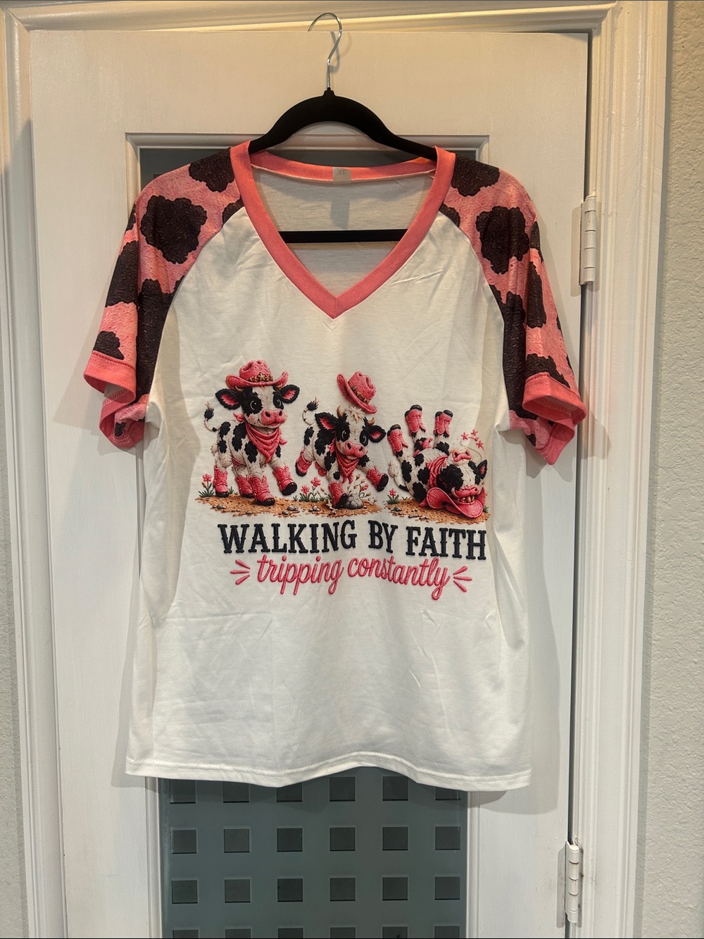 Walking By Faith Pink Cow Print Girls' V-Neck Tee